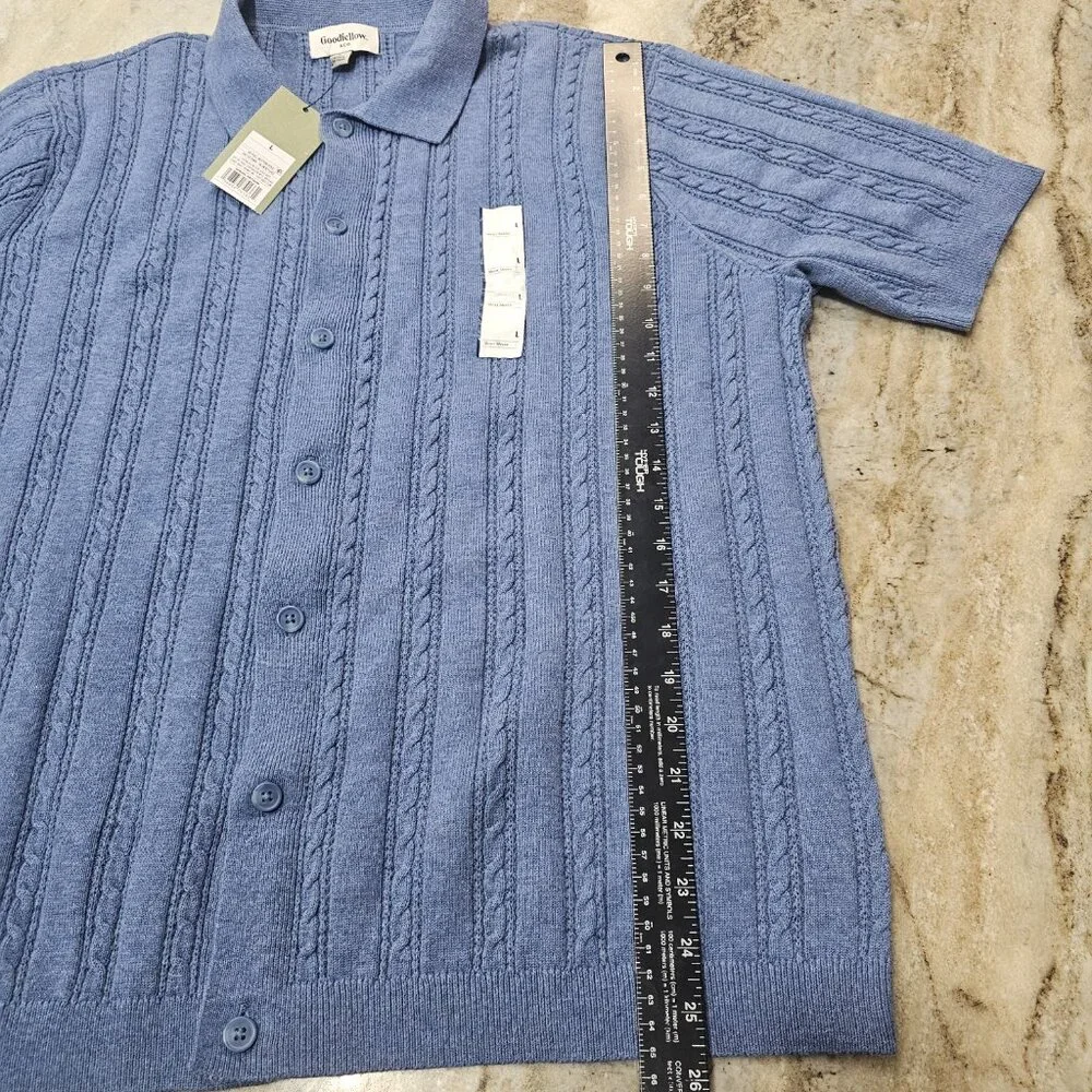 Goodfellow Cable Knit Button Up Polo Shirt Men’s Large Blue NWT Short Sleeve